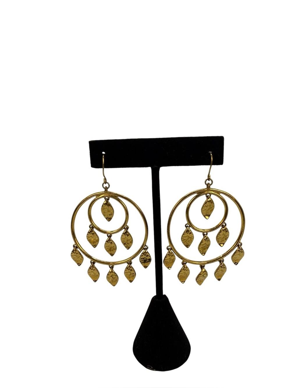 Gold Double Hoop Dangle Earrings with Leaf Charms
